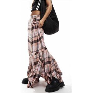 FREE PEOPLE Bordeaux Plaid Maxi Skirt in Pink Peach Grunge Boho Punk Peasant NWT